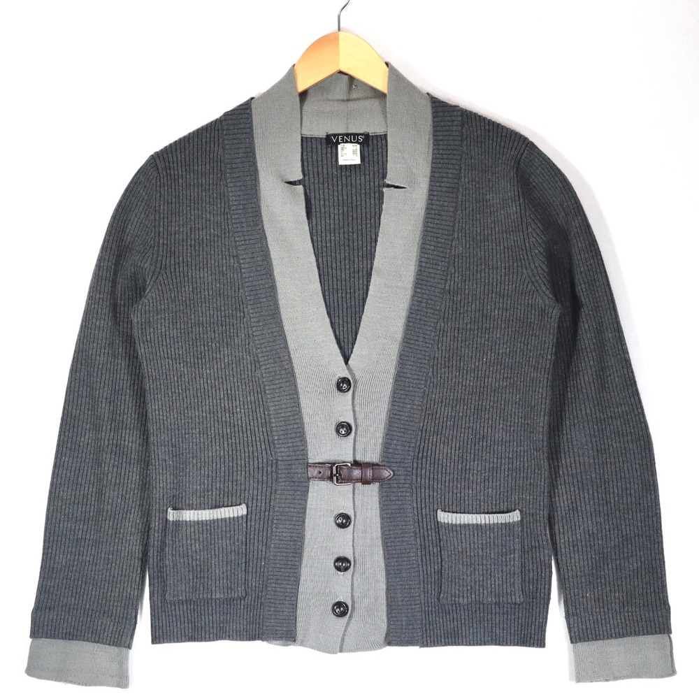 Venus Cardigan Women Medium Gray Ribbed Faux Layer Buckle Casual Workwear